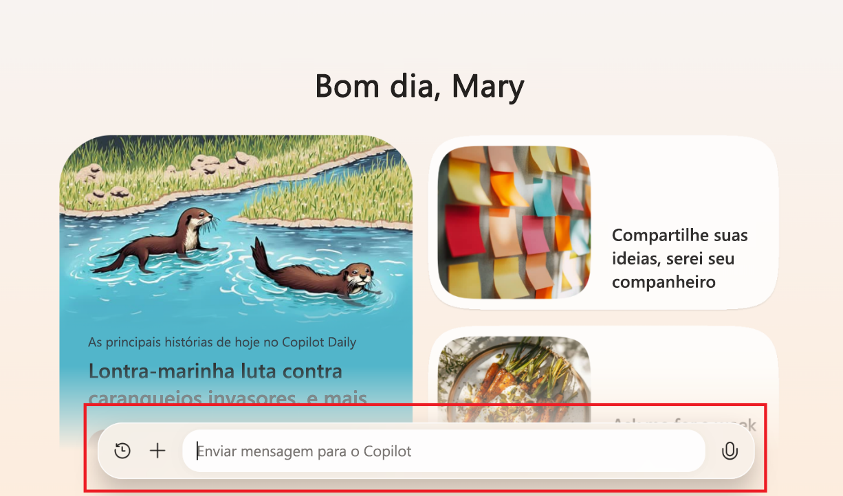 Captura de tela mostrando ao usuário onde enviar a mensagem ao Copilot.