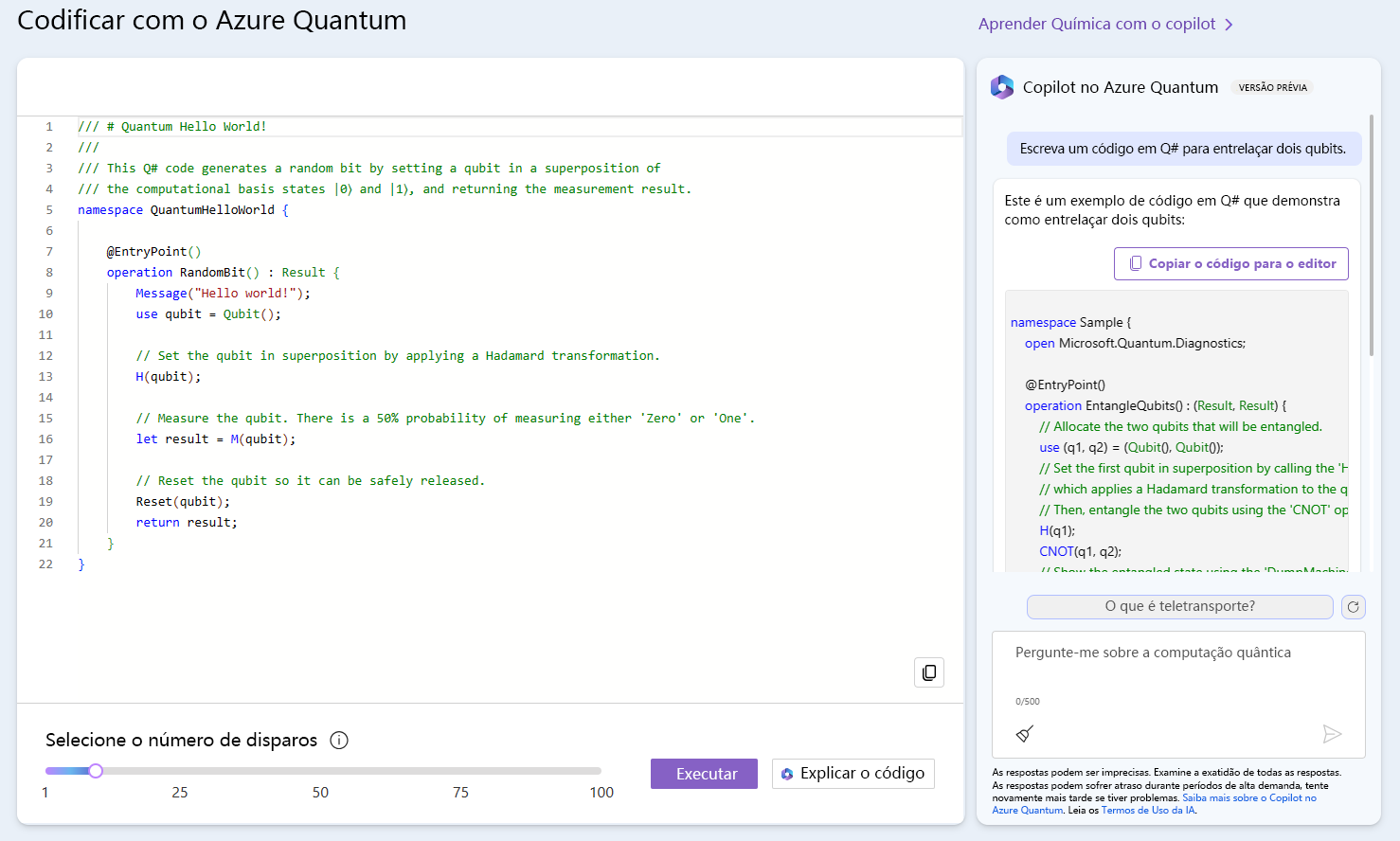 Captura de tela do Copilot no Azure Quantum mostrando um exemplo e a resposta do Copilot a uma pergunta para gerar novo código.