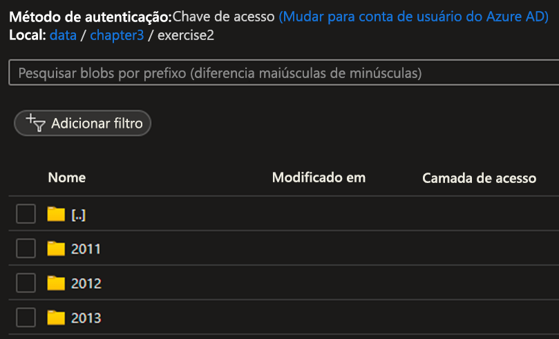 Captura de tela do contêiner de armazenamento do portal do Azure mostrando as pastas criadas para nosso comando.