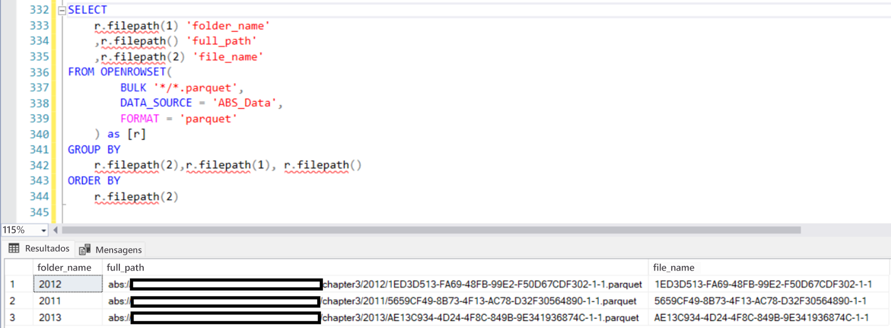 Captura de tela do SSMS mostrando a função filepath.