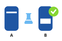 Diagrama de dois telefones, marcado como A e B, separados por um béquer de laboratório, com uma marca de seleção verde na imagem B.