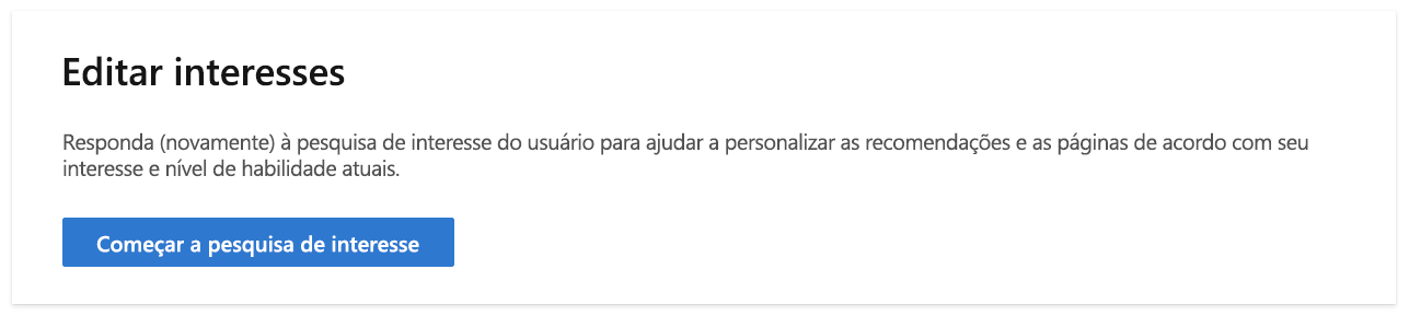 Captura de tela da seção Editar interesses nas configurações de perfil do Microsoft Learn.