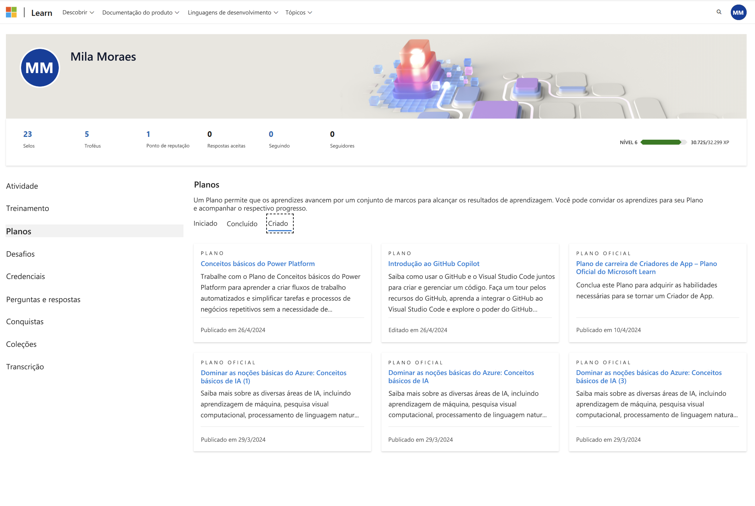 Captura de tela de um perfil de usuário do Learn em que a atividade planos é mostrada. Os planos Criados são mostrados na guia