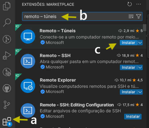 Captura de tela das extensões Túneis Remotos: Marketplace.