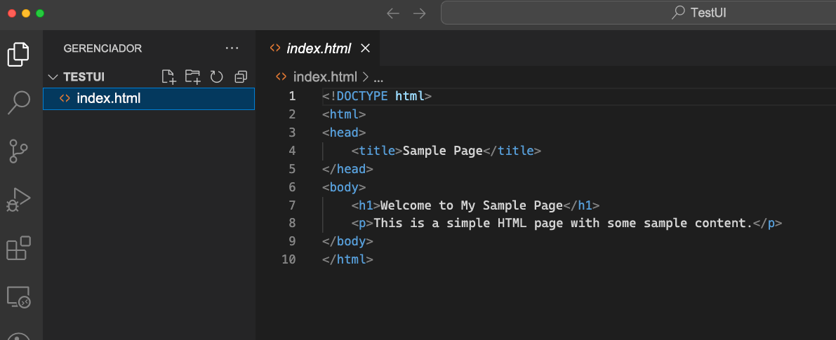 Captura de tela da pasta TestUI do Visual Studio Code.