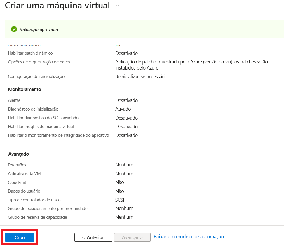 Captura de tela realçando a ação Criar para a VM validada.