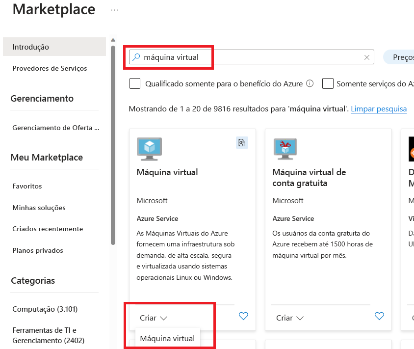 Captura de tela destacando como procurar e criar um recurso de máquina virtual no portal do Azure.