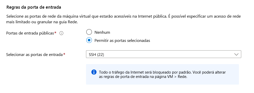 Captura de tela mostrando as regras de porta de entrada para configurar uma porta de entrada para SSH.