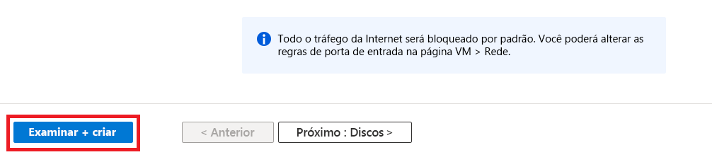Captura de tela realçando a opção Revisar + criar durante a criação da VM.