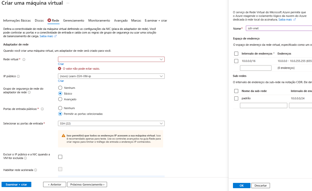 Captura de tela mostrando a etapa de validação para criar uma nova rede virtual para a VM.