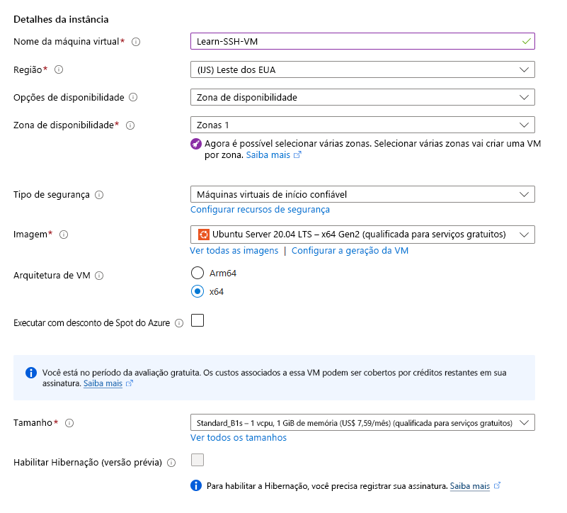 Captura de tela mostrando os detalhes da VM do Azure a ser criada.