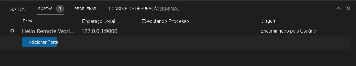 Captura de tela mostrando o recurso de encaminhamento de porta no Visual Studio Code.