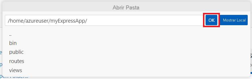 Captura de tela mostrando a confirmação de abertura da pasta myExpressApp.
