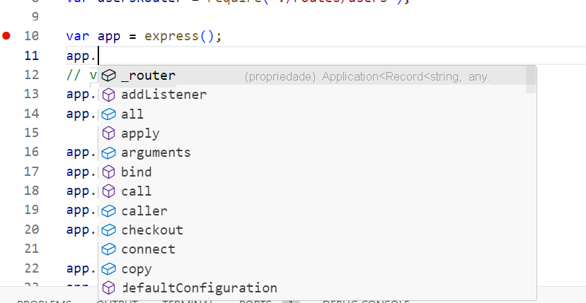 Captura de tela mostrando o intellisense ao editar código.