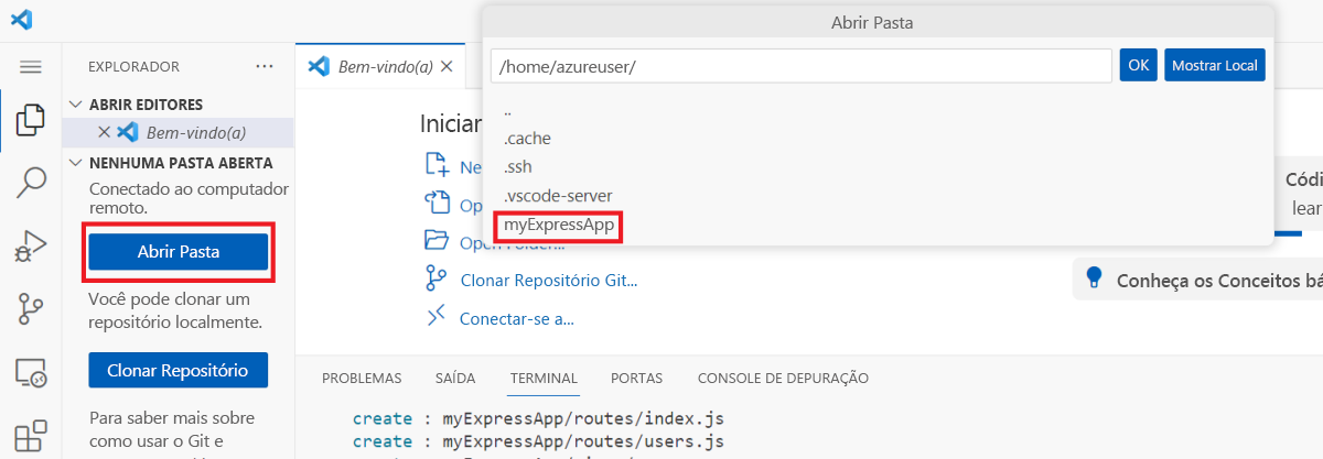 Captura de tela mostrando a abertura da pasta myExpressApp.