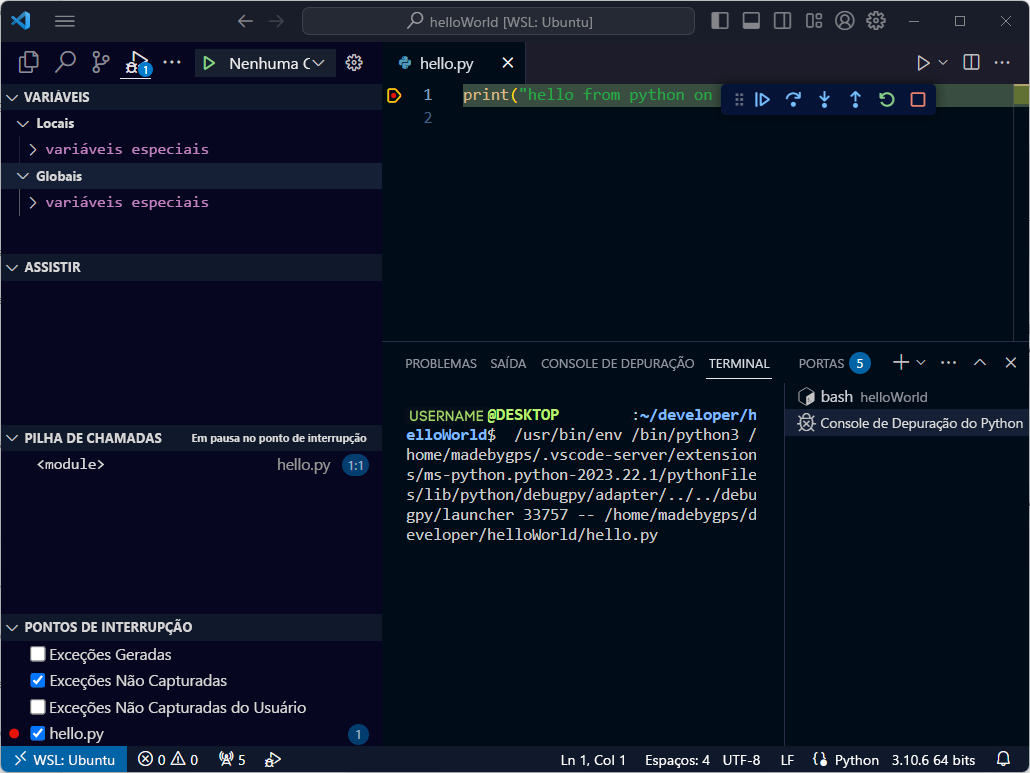 Captura de tela da depuração do código Python no Visual Studio Code.