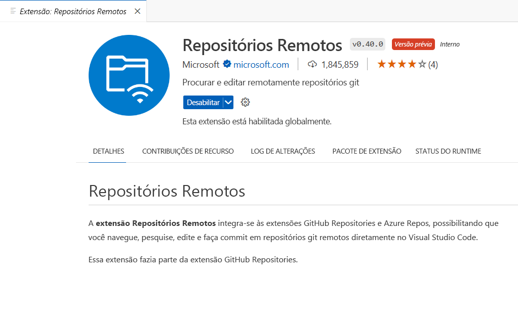 Captura de tela da extensão Repositórios Remotos no VS Code.