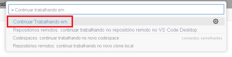 Captura de tela mostrando o comando 'Continue Working On...' na Paleta de Comandos do VS Code para a Web.