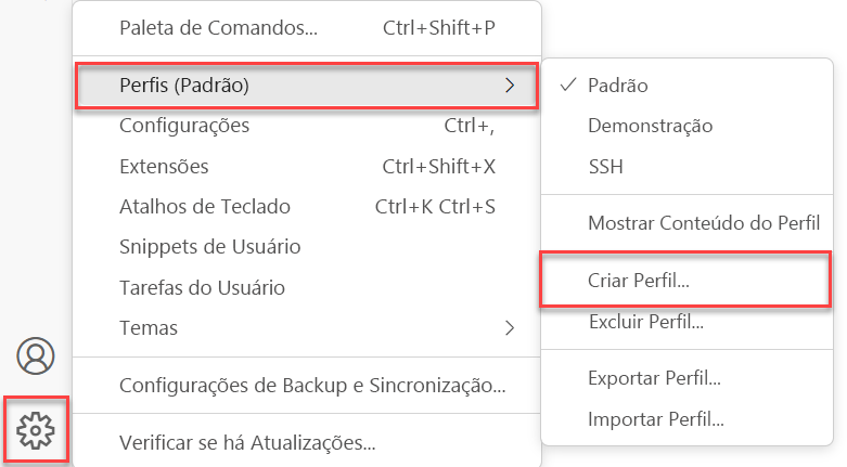 Captura de tela do comando de menu para criar um perfil no Visual Studio Code.