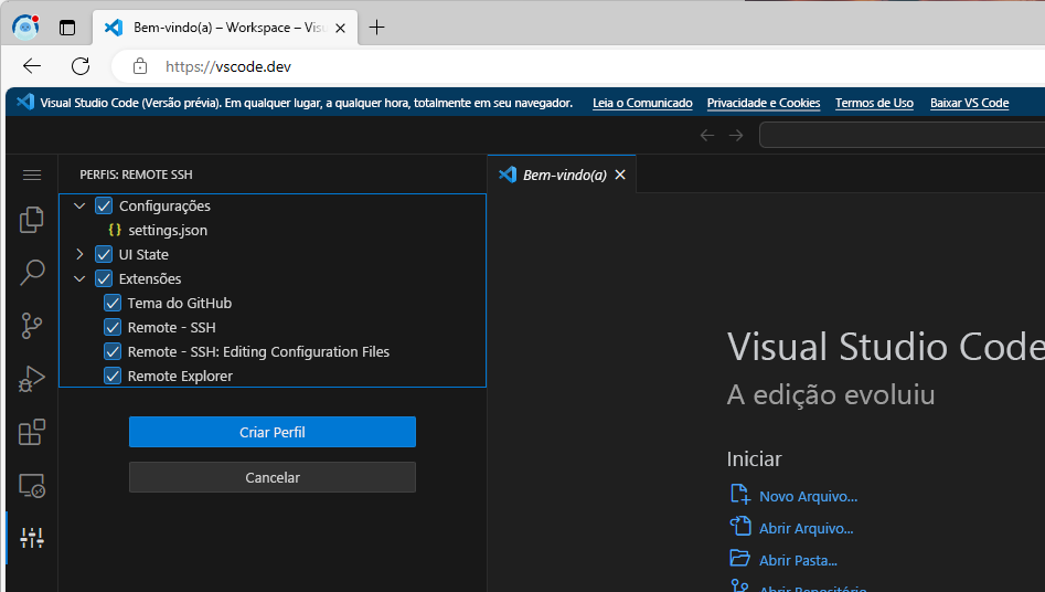 Captura de tela das opções para importar um arquivo no Visual Studio Code.