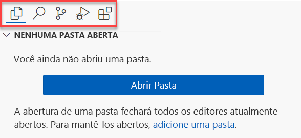Captura de tela da Barra de Atividades localizada na parte superior da barra lateral no Visual Studio Code.