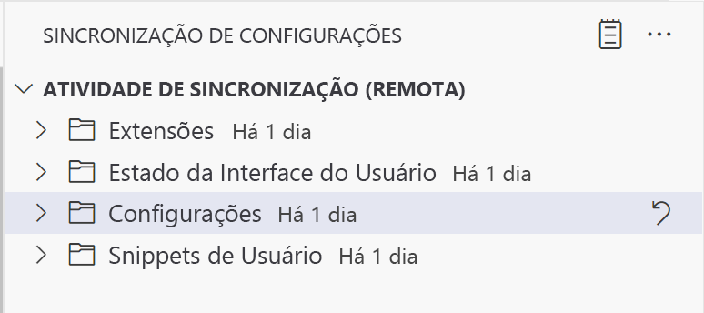 Captura de tela do modo de exibição de atividade de Sincronização de Configurações no Visual Studio Code.