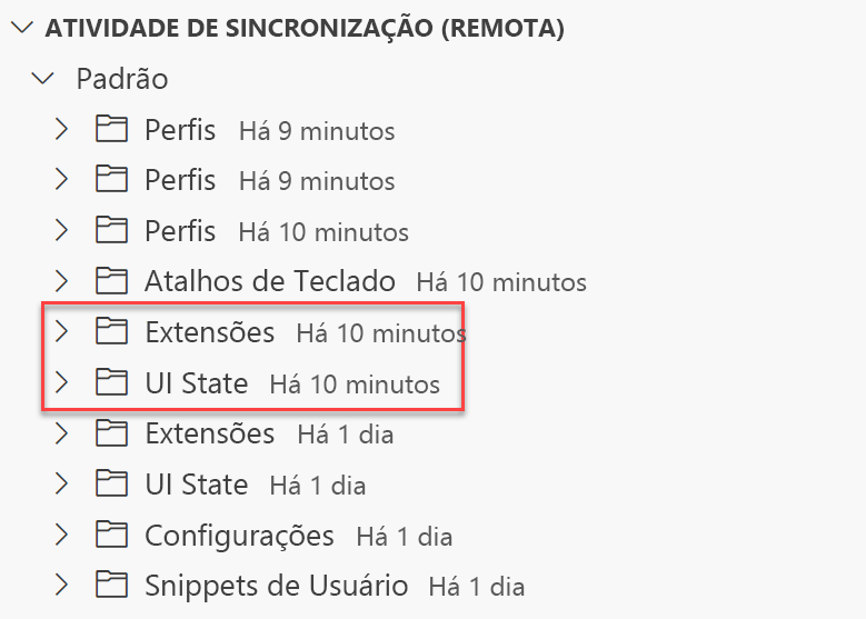 Captura de tela da exibição de atividade Sincronização de Configurações no VS Code com as pastas Extensões e Estado da Interface do Usuário realçadas.