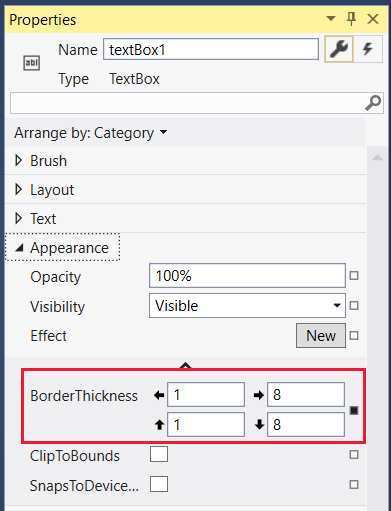 Screenshot that shows the Appearance menu expanded in the Properties window, with the BorderThickness settings in a red box.