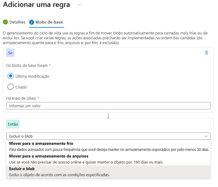 Screenshot that shows how to add a lifecycle management policy rule for blob data in the Azure portal.