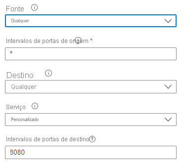 Captura de tela que mostra como definir as configurações de origem e de destino para criar uma regra de segurança no portal do Azure.