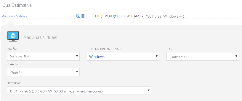 Captura de tela da Calculadora de Preços com estimativas para uma instância de uma VM da série D1 no Windows. A instância está em execução na região Oeste dos EUA no nível de camada padrão.