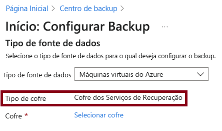 Captura de tela que mostra as opções de backup de uma máquina virtual do Azure para um cofre dos Serviços de Recuperação do Azure.