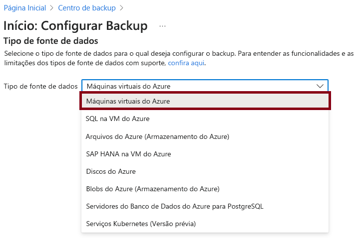 Captura de tela que mostra as opções de backup de uma máquina virtual do Azure local para um cofre dos Serviços de Recuperação do Azure.