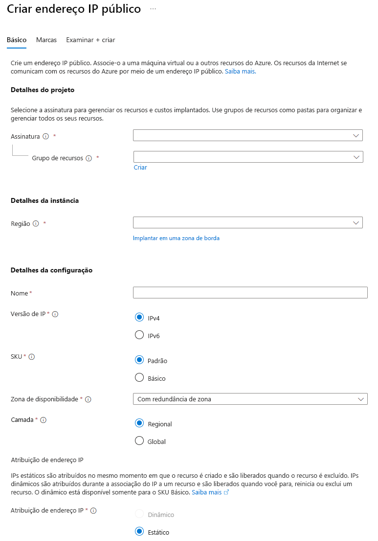 Screenshot that shows how to create a public IP address in the Azure portal.