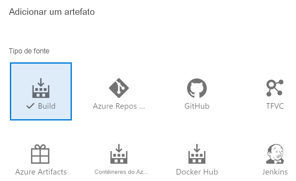 Captura de tela de várias origens de artefatos a serem adicionadas ao pipeline.