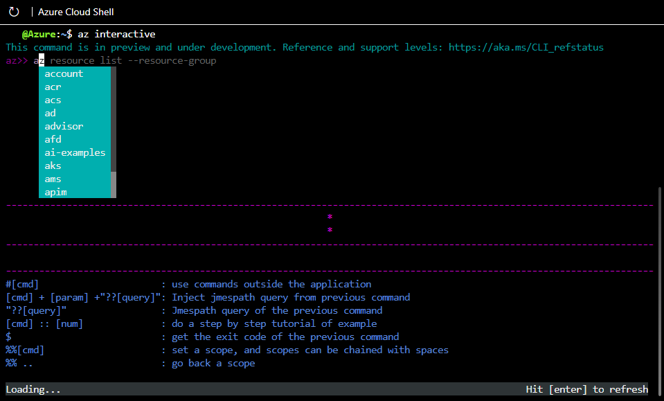 Captura de tela do modo interativo com preenchimento automático fornecendo comandos que começam com A.