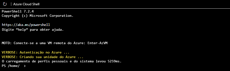 Captura de tela da CLI do Azure PowerShell na primeira inicialização.