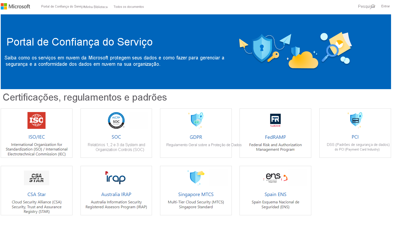 Screenshot of the service trust portal with the main menu items visible.