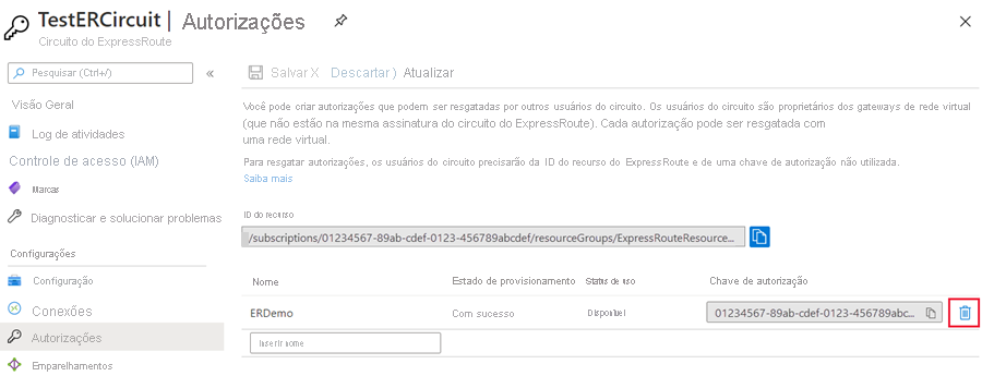 Azure portal - delete authorization key only