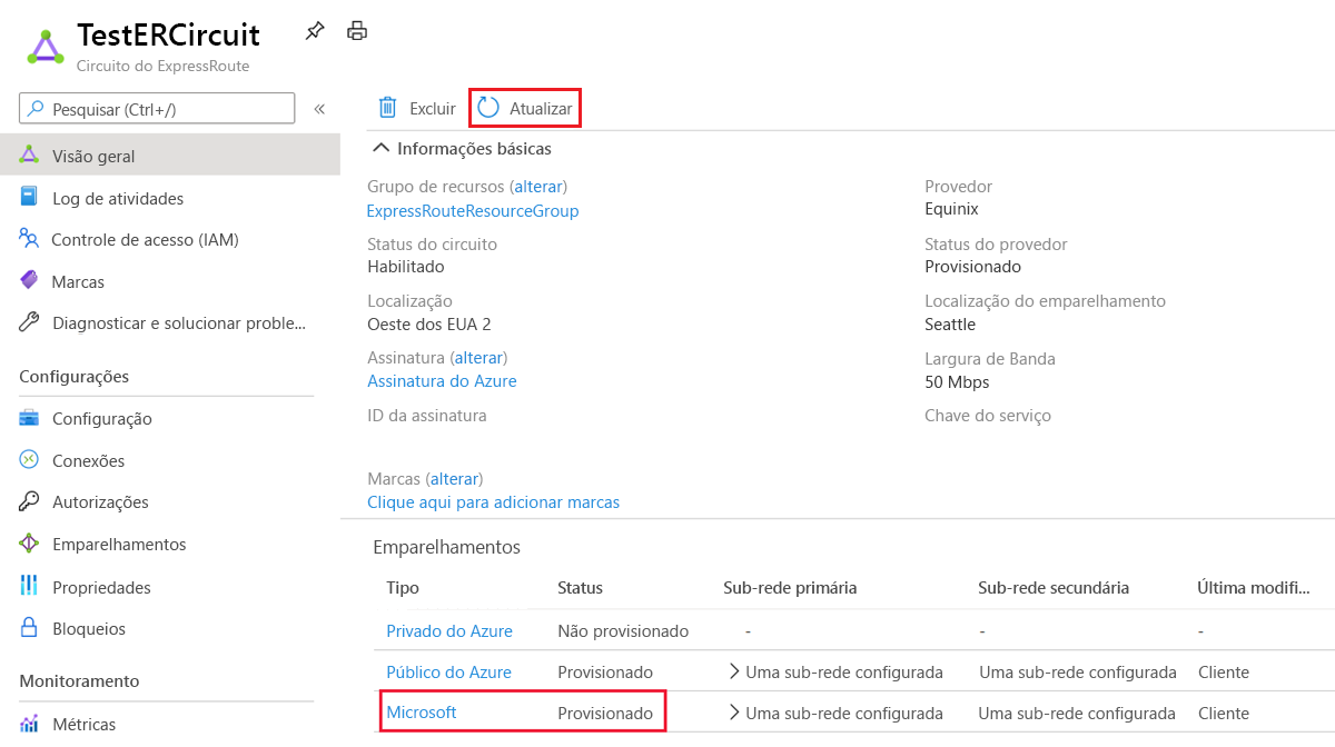 Azure portal - Microsoft peering with provisioned status