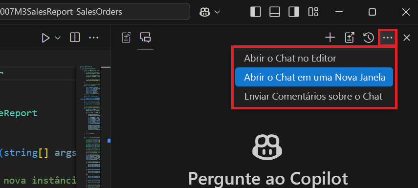 Captura de tela mostrando o modo de exibição em Chat respondendo a uma pergunta no Visual Studio Code.