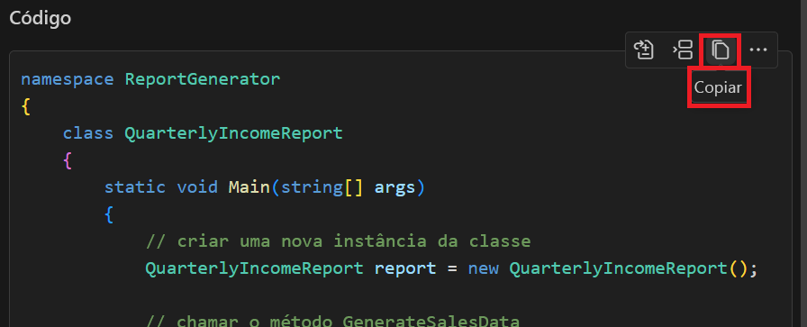 Captura de tela mostrando um bloco de código no modo de exibição em Chat.