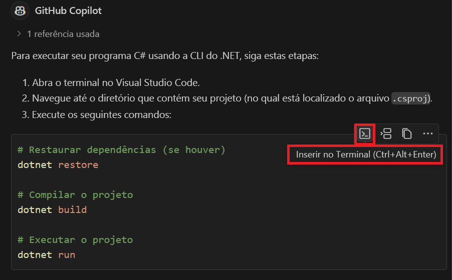 Captura de tela mostrando a opção Inserir no Terminal no modo de exibição em Chat.