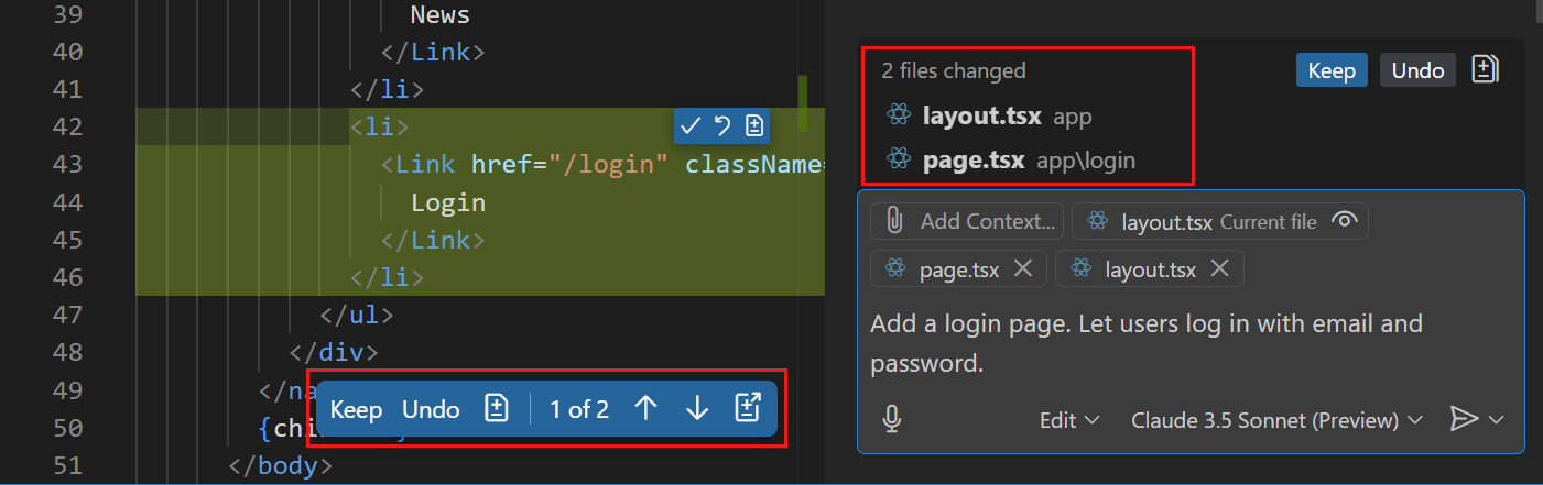 Captura de tela mostrando a Exibição de chat no modo de edição sugerindo um novo formulário de logon.