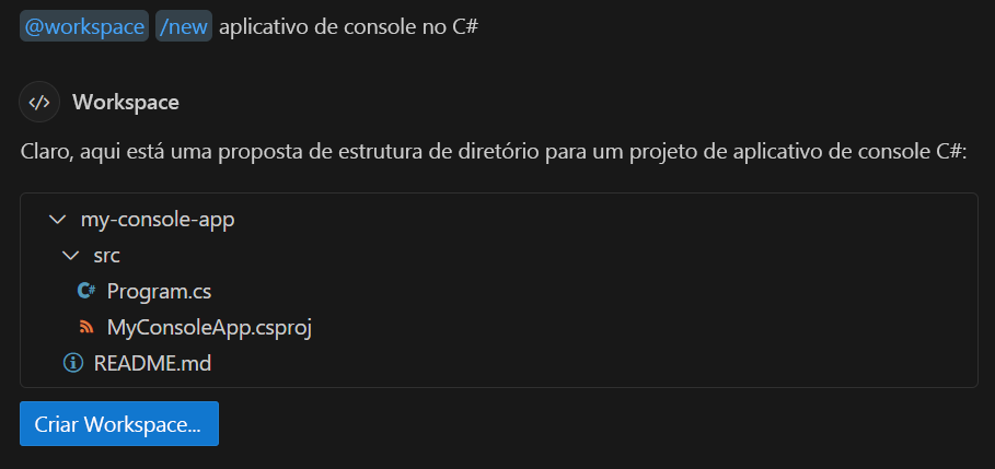 Captura de tela mostrando o Chat usado para fazer o scaffold de um aplicativo de console.