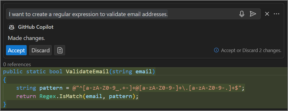 Captura de tela mostrando uma sessão de chat embutido usada para criar uma expressão regular.