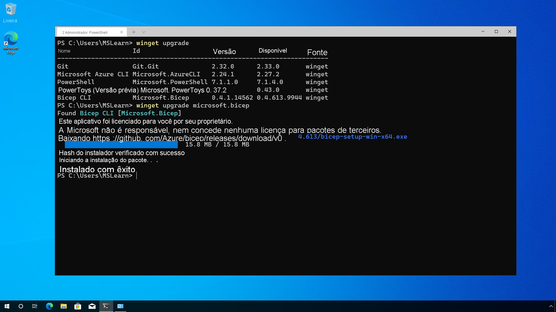 Gerenciador de Pacotes do Windows para atualizar o Microsoft Bicep