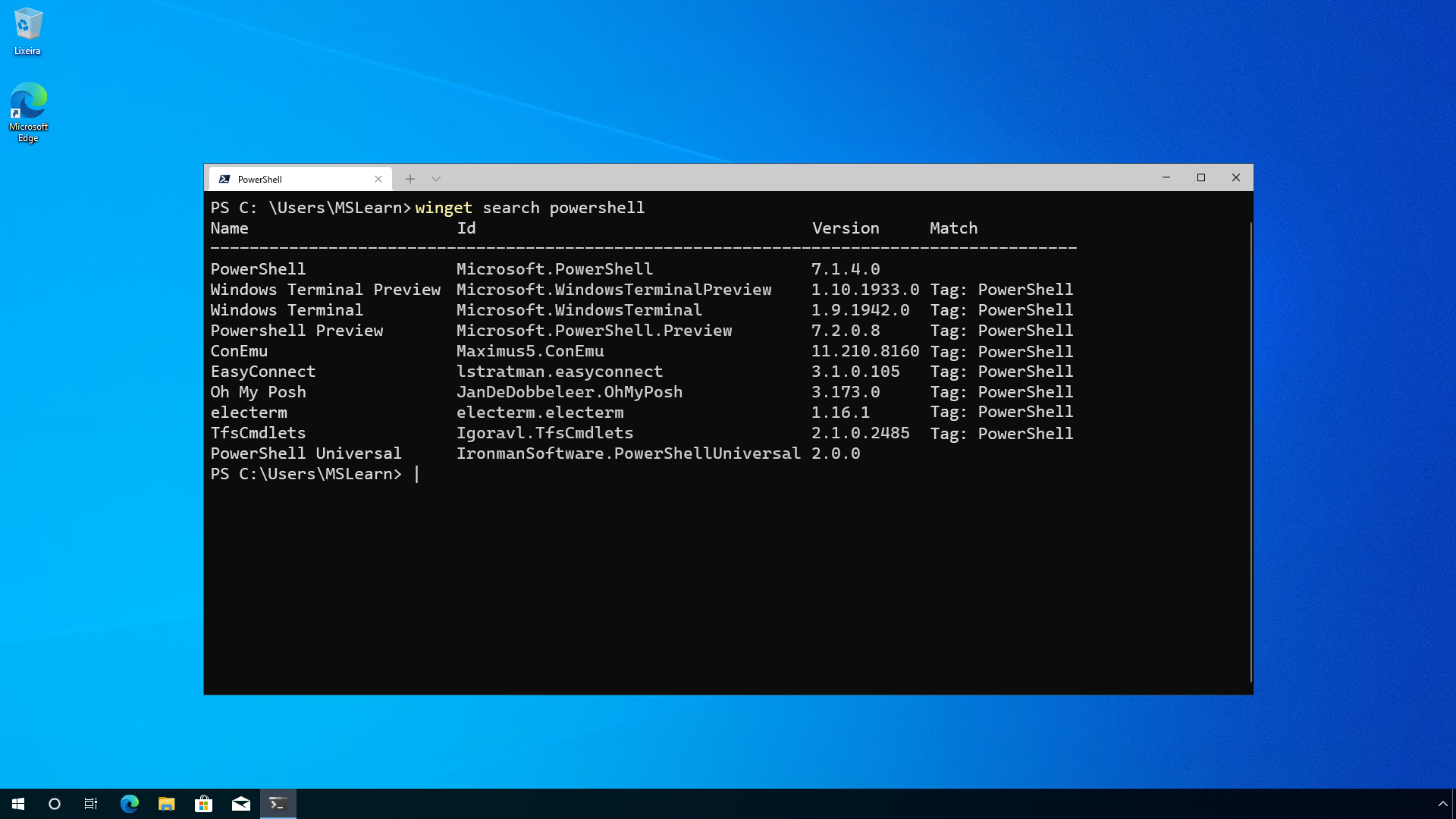 Resultados da pesquisa do Gerenciador de Pacotes do Windows para o PowerShell