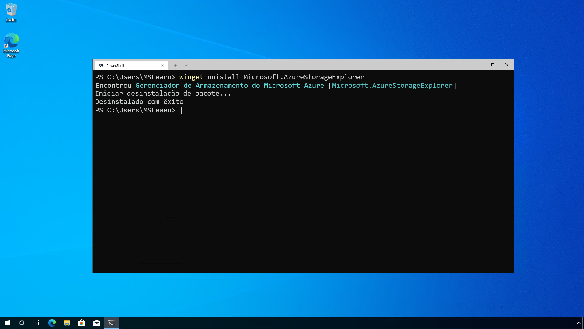 Comando de desinstalação do Gerenciador de Pacotes do Windows