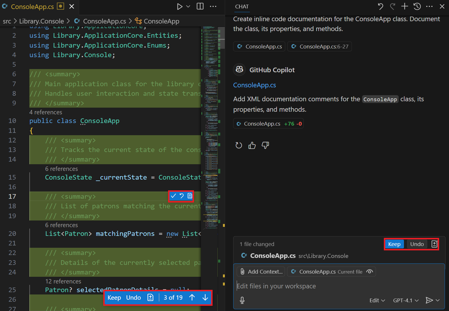 Captura de tela mostrando o modo de exibição de chat no modo Editar sugerindo a documentação em linha.